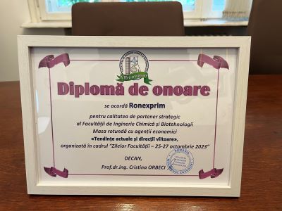 Ronexprim a primit diploma de onoare pentru calitatea de partener strategic din partea Facultății de Inginerie Chimică și Biotehnologii